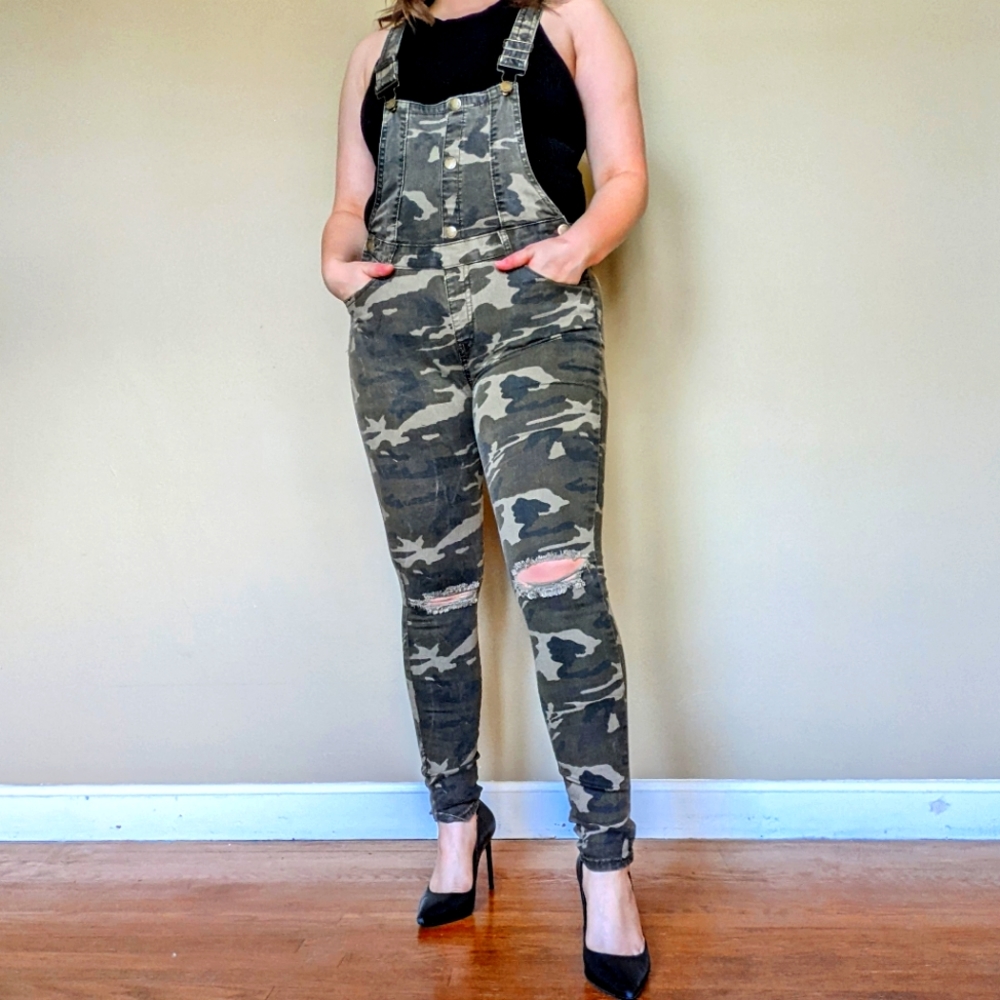 Fashion Nova camo printed distressed overalls